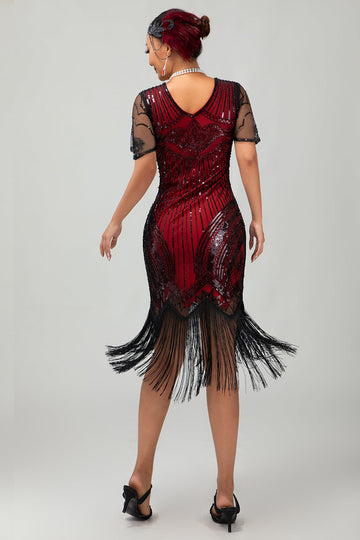 Sparkly Black Red Bodycon Fringed Short 1920s Dress With Fringes